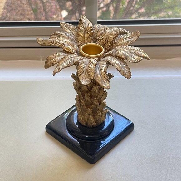 Candle Holder Stand Home Interiors Gold Palm Tree Black Base - Picture 12 of 12